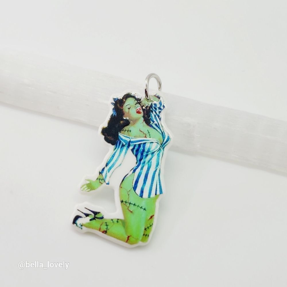 Pin Up Zombie Woman Acrylic Drop Pendant 2"